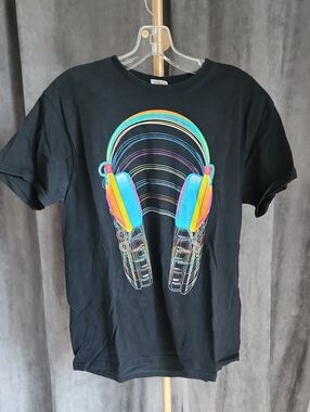 Black T-Shirt with Neon Rainbow Headphones Graphic